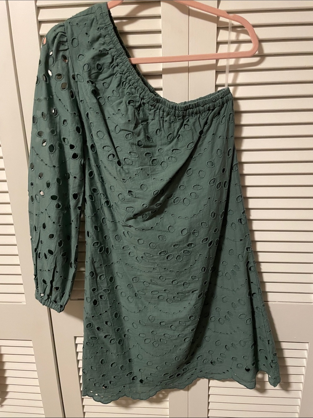 Destination 365 One-Shoulder Eyelet Dress in Sage Green